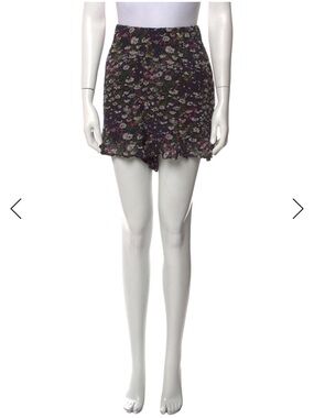 Ganni Black Floral Ruffle-Hem Shorts with Pink & Green Accents